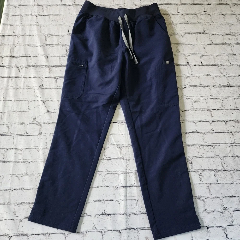FIGS HW Yola Navy Blue Scrub Pants Womens Large Straight Leg Yoga Waist Cargo